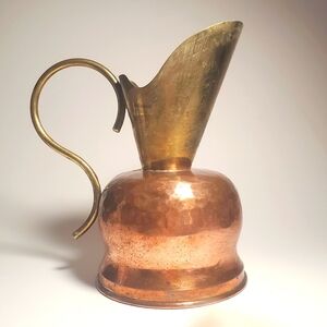 ANTIQUE Copper Pitcher Jug with Brass Accents & Petina Farmhouse Style